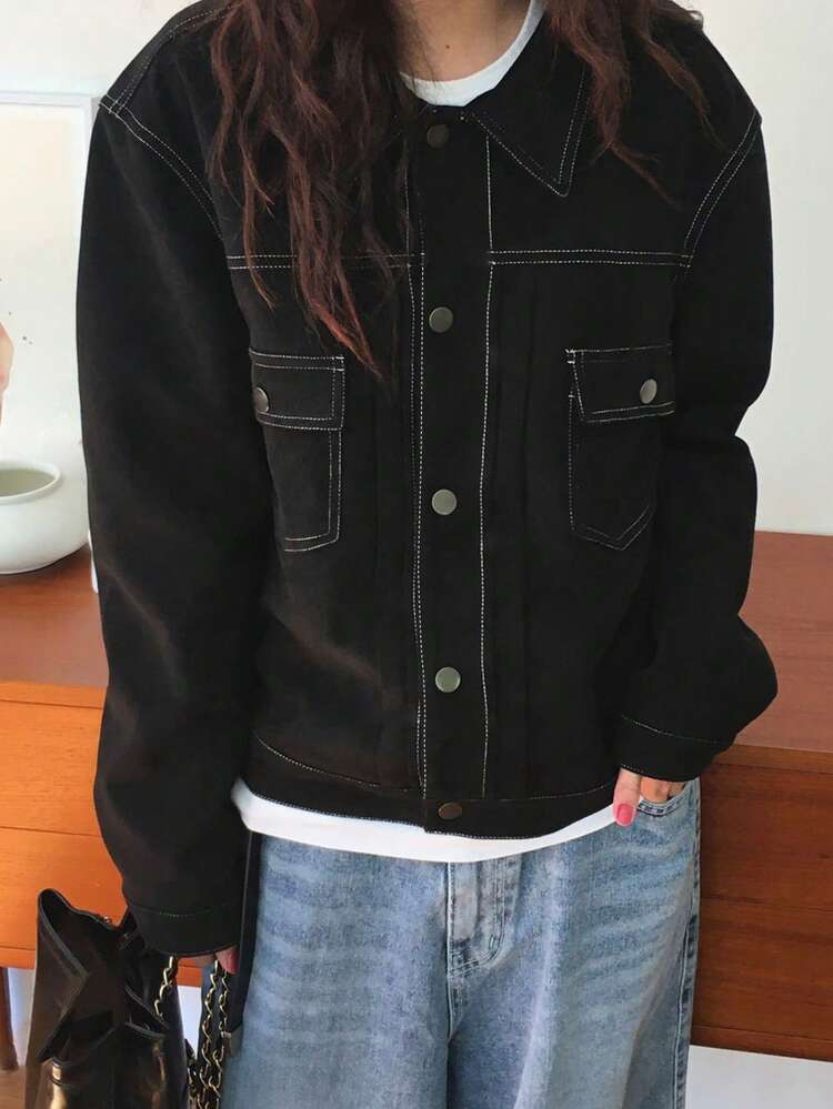 Women's Casual Single-Breasted Denim Jacket With Pockets, Autumn