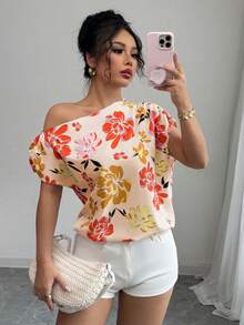 Elenzga 女士多色印花时尚不对称肩部休闲度假衬衫 - 杏色 - 查看 3