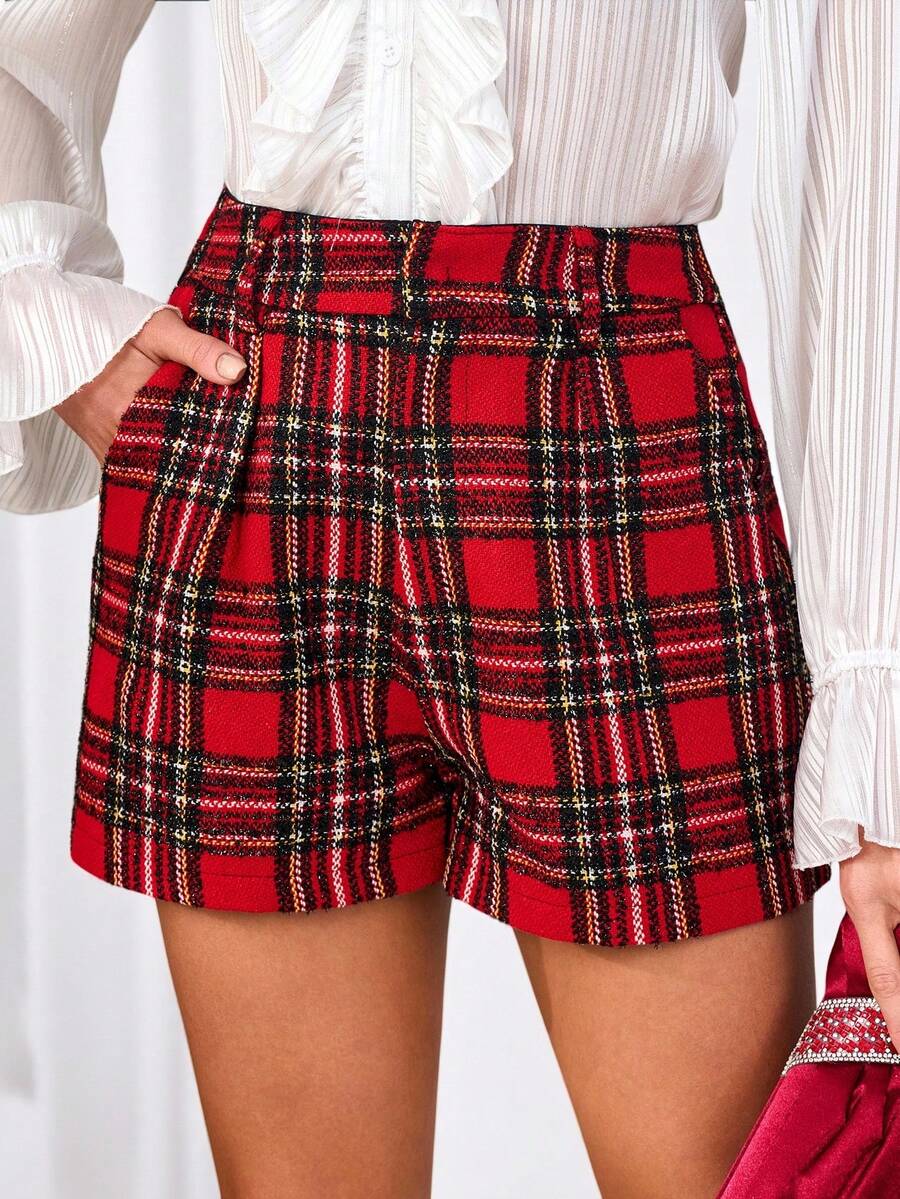 SHEIN Clasi Quần short kẻ caro Giáng sinh thời trang dành cho nữ - Màu Đỏ Sâu - Xem 1