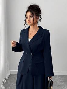 Elenzga 大码女士时尚双排扣收腰灰色西装外套和灰色长款百褶裙套装，秋季 - 藏蓝色 - 查看 7