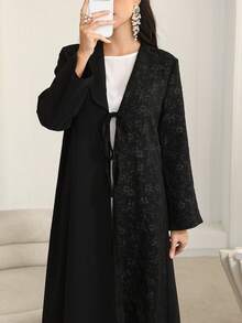 Al Najma 女士纯色提花休闲宽松度假阿拉伯长袍 - 黑色 - 查看 2