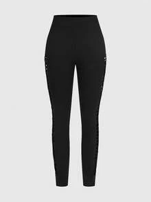 ROMWE Gothic Hollow-Out Knitted Stretchy Leggings For Women - Black - View 1