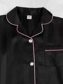 Tween Girls Pajamas-2 Pieces Pajama Set Black Satin Look Piped Pink Trim Long Sleeve Notched Collar Button Front Chest Pocket Long Pants Sleepwear Loungewear Lightweight All Season Holiday 2026 Essential Elegant Classic Chic - Black - View 5