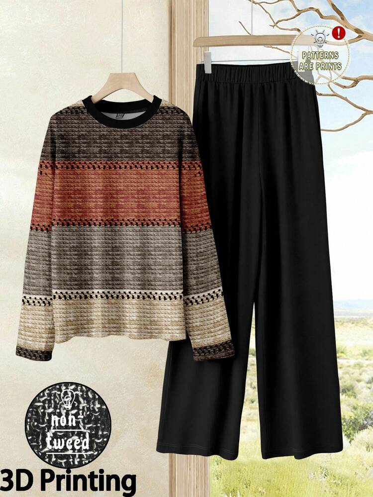 2pcs Women Casual Knit Set, Crew Neck Dropped Shoulder Long Sleeve, Comfortable And Versatile, Suitable For Winter Wear  3D Printing