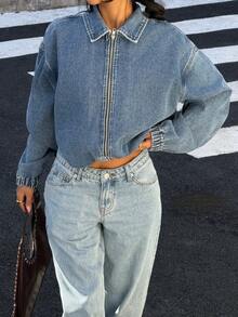 Muchica Women's Autumn Drop Shoulder Long Sleeve Zip Front Casual Denim Jacket For Going Out Outfits, Streetwear - Blue - View 5