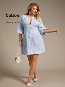 Auralis 大码女式白色连衣裙，中袖连衣裙，度假装扮，休闲连衣裙，端庄连衣裙，迷你裙，外出连衣裙，可爱连衣裙 - 藍白色 - 查看 6