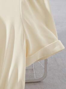 Franclia 女士新款优雅通勤刺绣领口A字连衣裙，腰部饰有腰带，收腰设计，褶裥工艺，杏色中长连衣裙，适合通勤、商务、约会、派对等场合，春夏短袖 - 杏色 - 查看 5