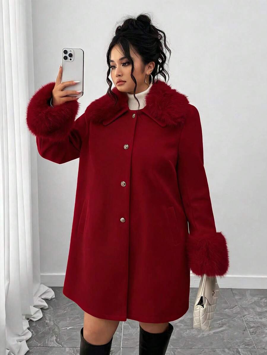Elenzga Cardigan Panjang Berbulu Modis Ukuran Plus, Musim Gugur/Dingin - Merah - View 1