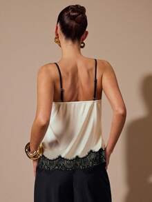SHEIN BAE Áo hai dây satin cổ chữ V phối đen trắng, thích hợp cho tiệc tùng, tiệc cocktail, sinh nhật, phù dâu, khách dự đám cưới, tiệc brunch, áo không tay thanh lịch. - Màu be - Xem 2