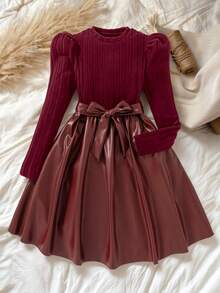 SHEIN 1pc Girls Crew Neck Long Sleeve Ribbed Knit Patchwork Floral Hem Dress, Sweet & Ladylike, Autumn - Burgundy - View 8