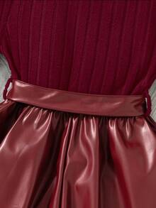SHEIN 1pc Girls Crew Neck Long Sleeve Ribbed Knit Patchwork Floral Hem Dress, Sweet & Ladylike, Autumn - Burgundy - View 4