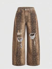 ROMWE EDITION Plus Size Vintage Washed Leopard Print Wide Leg Jeans - Brown - View 1
