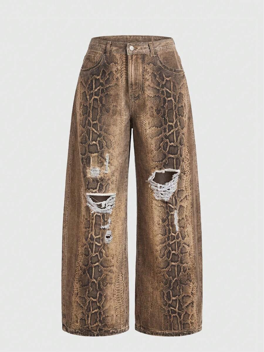 ROMWE EDITION Plus Size Vintage Washed Leopard Print Wide Leg Jeans - Brown - View 1