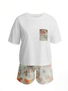SHEIN 2 件女式花卉印花落肩 T 恤和短裤休闲套装 - 白色 - 查看 3