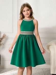 Girls' Sleeveless Dress With Spaghetti Straps, Green Pleated Skirt, Gold Trim Collar And Waistband, Fashion Elegant Dress For Casual Wear And Parties, Spring/Summer Halter Neck Green Dress Green Dress For Girl Girls Special Occasion Dress Emerald Green Elegant Girls Dress Tween Formal Green Dress - Green - View 4
