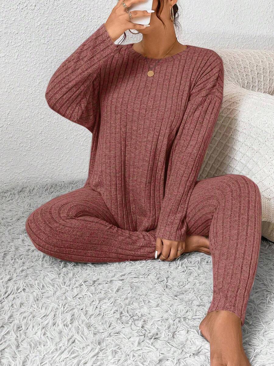 SHEIN Frenchy Bộ 2 món áo dài tay kẻ sọc và quần dài cỡ lớn, mùa thu - Gỗ đỏ - Xem 1