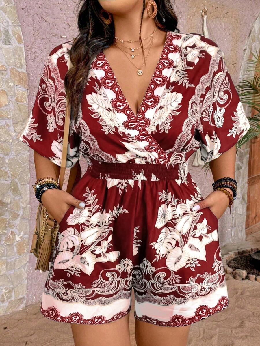 SHEIN Holidaya Plus Size V-Neck Short Sleeve Simple Fashion Jumpsuit, Suitable For Summer - Multicolor - View 1