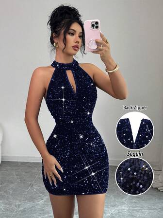 Rafferiza 黑色亮片露背弹力性感无袖修身连衣裙/约会/派对/夜店/街头/万圣节/情人节/生日礼服/春/夏/秋/冬新款短裙