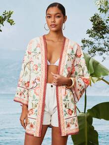Travachic Women's Floral Print Long Sleeve Loose Casual Kimono Shirt - Pink - View 3