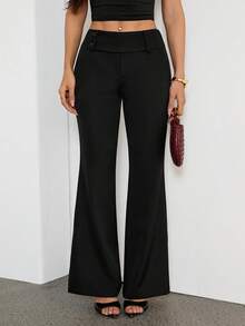 SHEIN PETITE 女士纯色低腰休闲裤，黑色裤子 - 黑色 - 查看 6