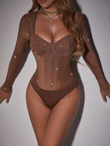 Glamine Bodysuit sexy com malha e decoração de strass para mulheres - Castanho - Visão 5