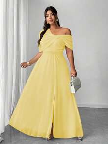 SHEIN PETITE CURVE 大码女士优雅浪漫雪纺单肩开衩连衣裙，适合婚礼宾客、圣诞派对、新年庆祝活动 - 黃色 - 查看 5
