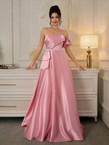 Poshira Women's Rhinestone Embellished One Shoulder Formal Evening Gown With Pleated Waist Pink Satin Dress One Shoulder Formal Dress Pink Ball Gown Pink Dinner Dress Valentines Dress Elegant Dress Sequin Dress Floral Dress - Pink - View 6