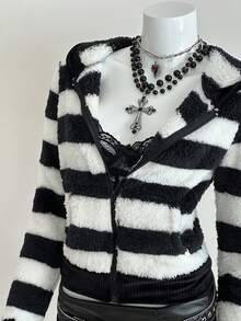 EgrlEra Áo khoác nỉ nữ thời trang kẻ sọc đen trắng có khóa kéo - Đen và trắng - Xem 1