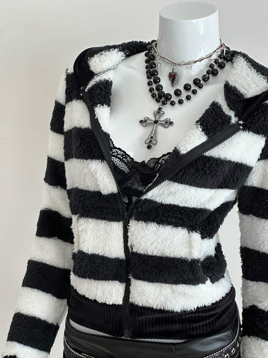 EgrlEra Áo khoác nỉ nữ thời trang kẻ sọc đen trắng có khóa kéo - Đen và trắng - Xem 1