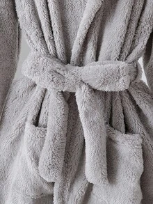 1pc Plus Size Women Gray Plush Hooded Robe With Bear Face And Ear Decor, Soft Knit Fabric With Embroidered Smiling Bear Face, Long Sleeve Full Length Jumpsuit Loungewear, Stretchy Knit Fabric Machine Washable Comfortable Fit Family Matching Outfits Mommy And Me (2 Sets Are Sold Separately), For Fall & Winter