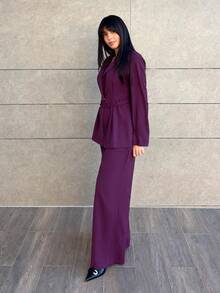 Hitanina 紫色优雅商务西装外套和裤子套装 - 中紫紅色 - 查看 6