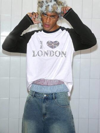 Camiseta de manga larga para hombre con estampado de "I LONDON" de rhinestone, adecuada para salidas casuales, reuniones con temática británica, capturando un ambiente británico retro