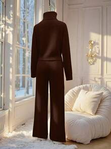 SHEIN Franclia 2pcs/Set Women Casual Loose Solid Color Turtleneck Sweater, Versatile & Elegant, Autumn/Winter - Chocolate Brown - View 2