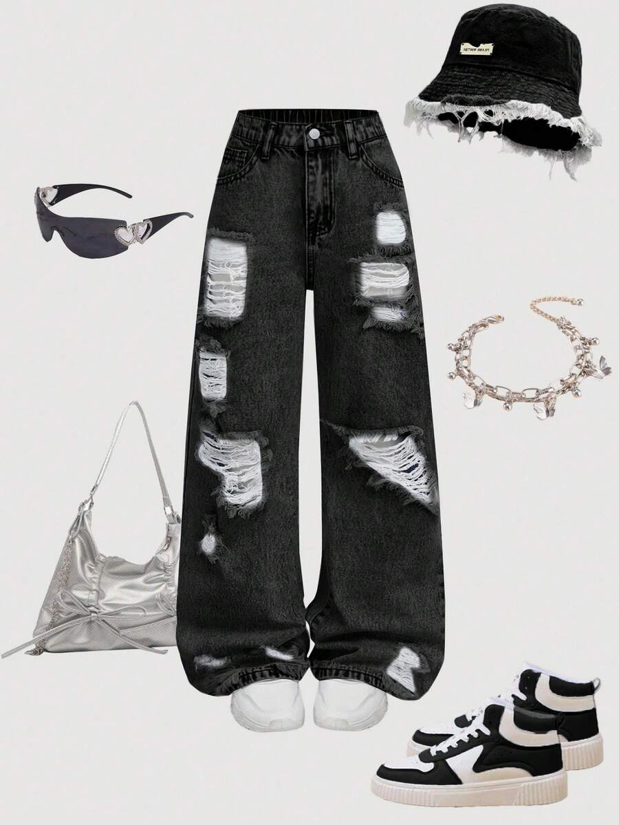 Girlism Quần jeans ống rộng dáng suông thoải mái, có túi, dành cho bé gái tuổi teen. - màu đen - Xem 1