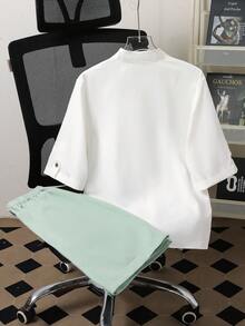 2pcs/Set Teen Boy Gentleman Outfit - White Collared Shirt + Light Green Shorts, Gentleman Suit Set, Business Elegant School Style, Birthday Party, Daily Casual Wear, Minimalist - White - View 2