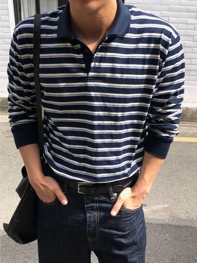 DAZY 男士休闲条纹长袖Polo衫，春秋季