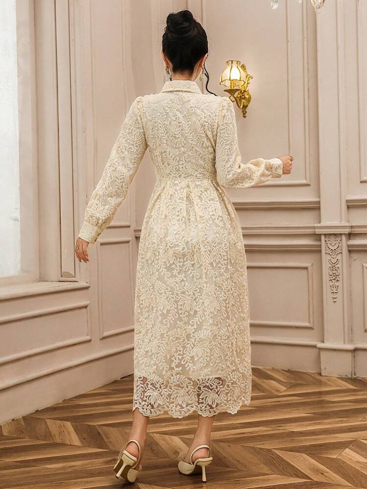 French Elegant Lace Dress With Collar And Waist Cinching, Slimming Maxi Dress