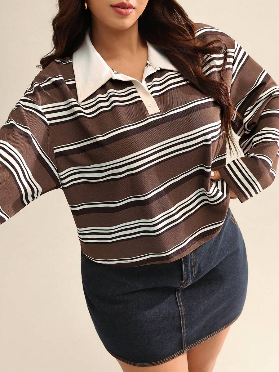 Auralis 春季大码女式条纹 Polo 领落肩长袖休闲 T 恤 - 彩色 - 查看 1