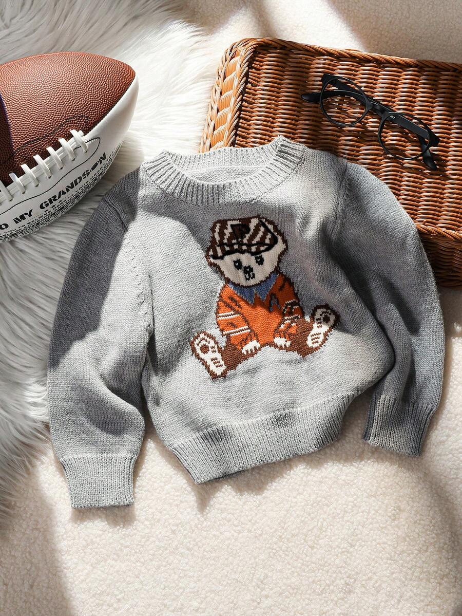 SHEIN Cute Unisex Baby Cartoon Bear Pattern Long Sleeve Navy Blue Sweater, Casual & Versatile For Autumn/Winter - Light Grey - View 1