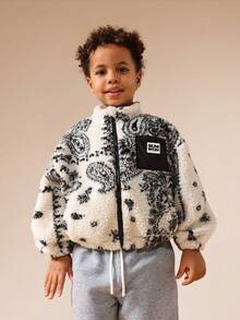 SUMWON Boys Paisley Print Fuzzy Fleece Zip Through Jacket Winter Warm Outerwear Borg Lined Coat - Black and White - View 4