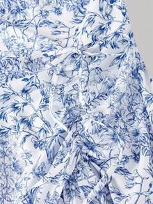 SHEIN MOD Đầm nữ in hoa, thắt eo, xếp ly, tay phồng, thanh lịch, thích hợp cho các bữa tiệc và sự kiện. - Xanh và trắng - Xem 5