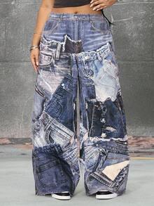 ROMWE EDITION Quần jeans ống rộng in họa tiết denim thời trang cỡ lớn - Màu xanh lam - Xem 8