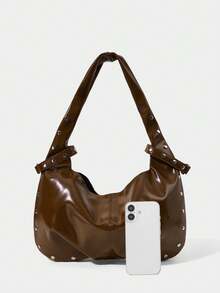 女士纯色简约大容量单肩包，休闲日常使用 - 咖啡 - 查看 4