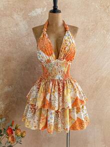 Soleia 度假风多色拼接花卉复古浪漫休闲褶皱扭结蝴蝶结露背收腰荷叶边A字连衣裙 - 彩色 - 查看 3