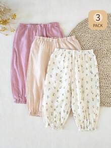 SHEIN 3pcs Baby Girls' Casual Ditsy Floral Pants With Ruffle Hem, Spring/Autumn Set