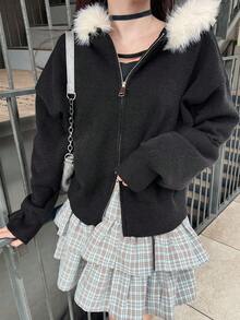 FRIFUL Cardigan casual ampio e versatile da donna, colore unito, con cappuccio, spalle scese, maniche lunghe, colletto in pelliccia e decorazione con cerniera, autunno/inverno, per la scuola - nero - Visualizzare 3