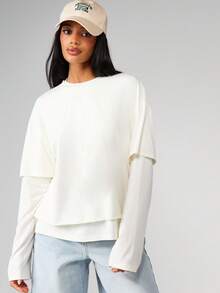MISSGUIDED Áo thun dài tay cổ tròn dáng rộng hai lớp, kiểu dáng thoải mái, vai rủ và phom dáng vuông vức. - trắng - Xem 5