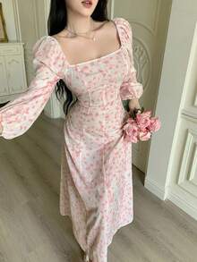 Modelyn Fashionable, Romantic & Elegant Gold Foil Floral Print Pink Women Dress - Baby Pink - View 4