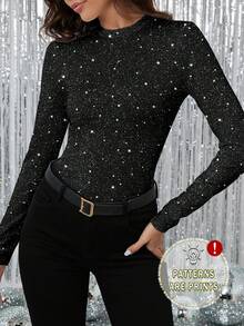 SHEIN Clasi New Year Black Casual Minimalist Glitter & Pearl-Like Print Knit T-Shirt - Chic Autumn/Winter Top For Outings, Parties, Gatherings, Club, Family Wear, And Office Commuting Spring - Multicolor - View 2