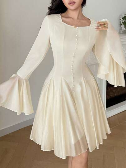 Modelyn Women's Solid Color Bell Sleeve Button Design Elegant Mini Dress